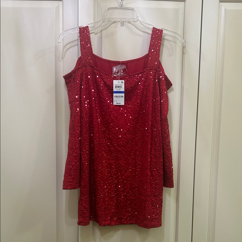INC Red Sequin Cold Shoulder Top NWT